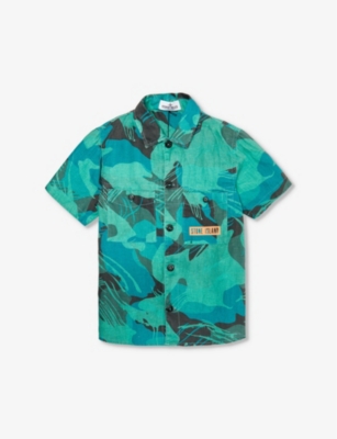 STONE ISLAND: Camo-print short-sleeve cotton shirt 8-14 years