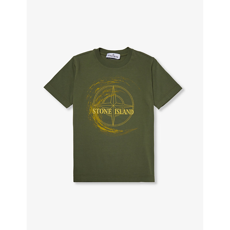 Stone Island Boys Olive Kids Wave Graphic-print Short-sleeve Cotton-jersey T-shirt 4-14 Years