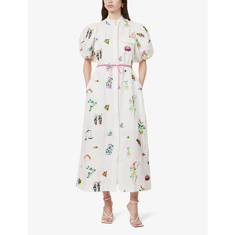 Shop Alemais Womens Cream Atticus Graphic-print Linen Midi Dress