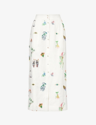 Alemais Atticus Embroidered Linen Midi Skirt In White