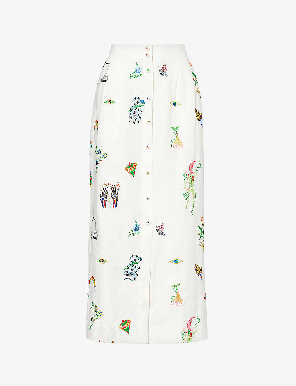 Alemais Atticus Embroidered Linen Midi Skirt In Cream Multi