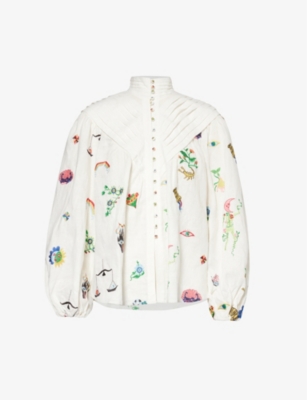 Shop Alemais Women's Cream Atticus Graphic-embroidered Linen Shirt