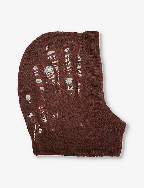 RICK OWENS: Distressed-knit ribbed-trim wool-blend hood