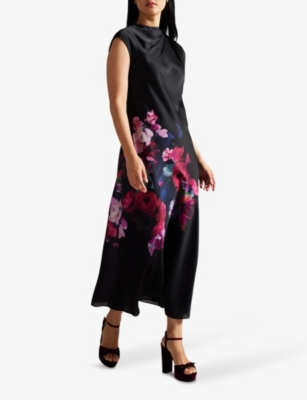 Shop Ted Baker Women's Black Rahelee Floral-print Satin Midaxi Dress