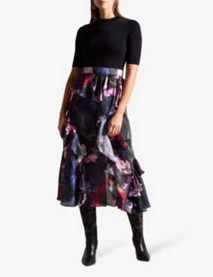 Shop Ted Baker Women's Black Rowana Knitted-blend And Floral Woven Midi Dress