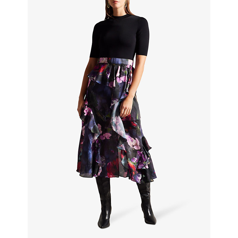 Shop Ted Baker Womens Black Rowana Knitted-blend And Floral Woven Midi Dress