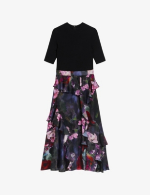TED BAKER: Rowana knitted-blend and floral woven midi dress
