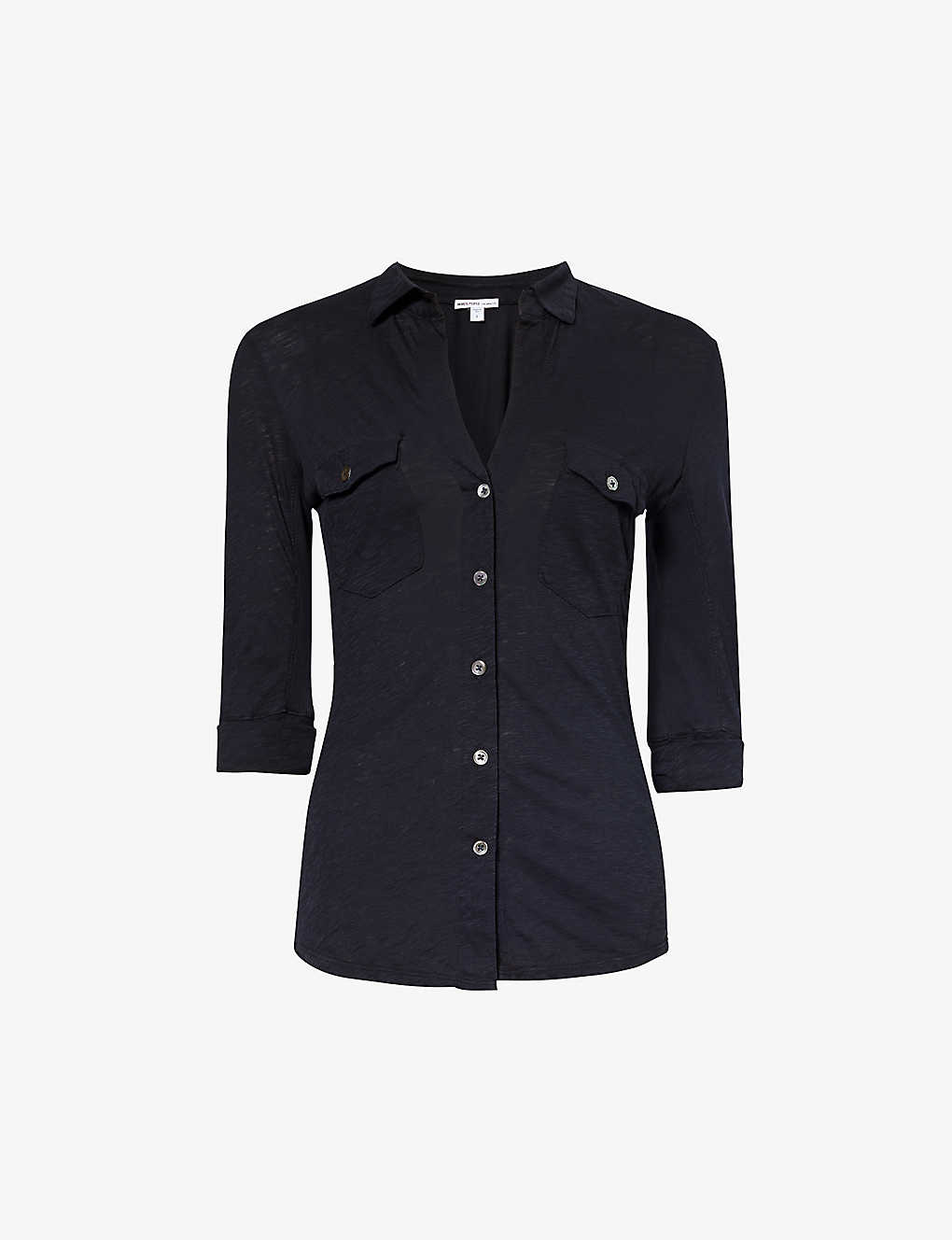 James Perse Womens Deep Ribbed-panel Slim-fit Cotton-poplin Shirt In Black