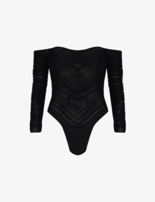 Mugler Womens Black Long-sleeved Ruched Stretch-woven Body