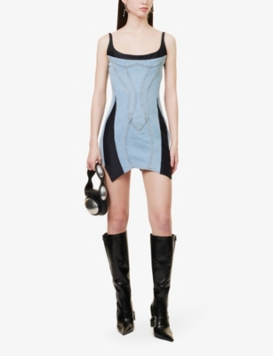 Shop Mugler Womens Light Blue Black Panelled Slim-fit Stretch-denim Mini Dress