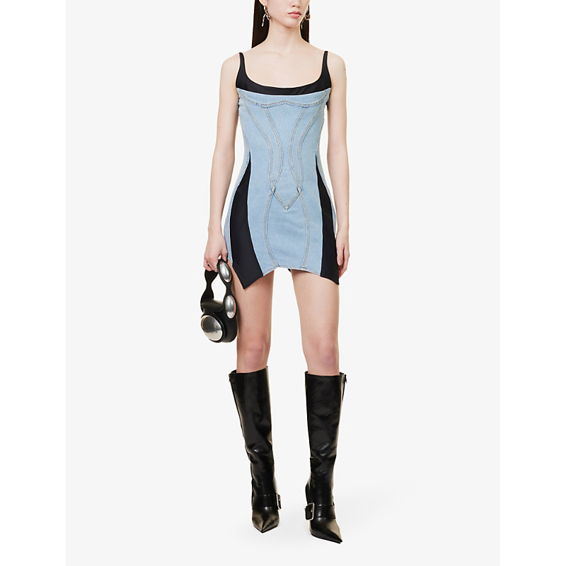 Shop Mugler Women's Light Blue Black Panelled Slim-fit Stretch-denim Mini Dress