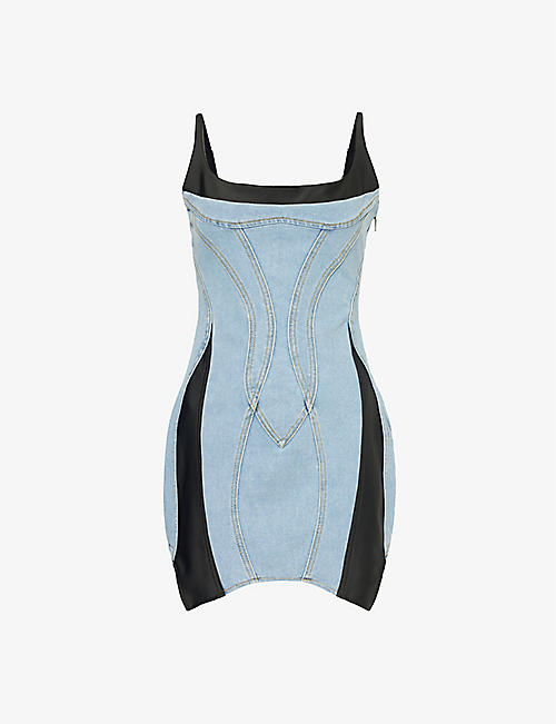 MUGLER: Panelled slim-fit stretch-denim mini dress