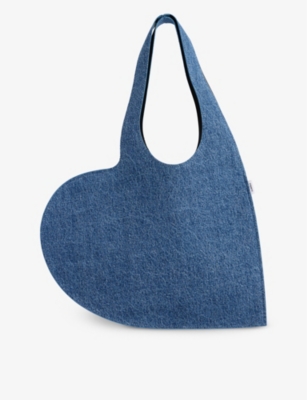 Shop Coperni Womens Washed Blue Heart-shaped Cotton-denim Tote Bag