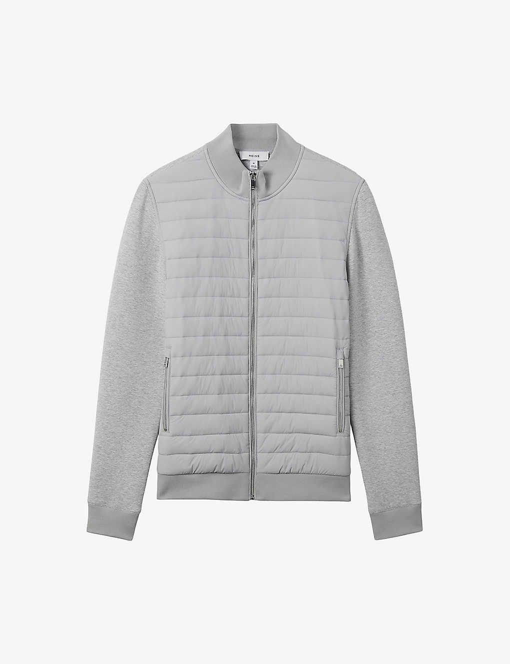 Reiss Mens Soft Grey Melan Freddie Quilted Knitted Cotton-blend Jacket