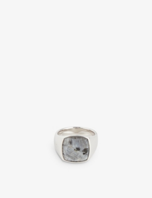 TOM WOOD: Cushion Larvikite rhodium-plated sterling-silver signet ring