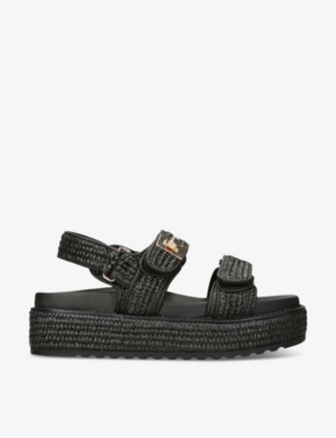 Shop Steve Madden Womens  Millo Double-strap Flat Raffia Sandals In Black