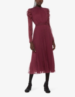 Whistles Dobby Polka-dot Woven Midi Dress In Plum/claret