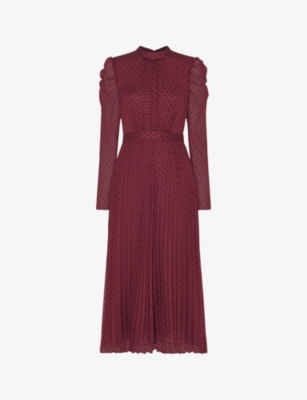 Whistles Dobby Polka-dot Woven Midi Dress In Plum/claret