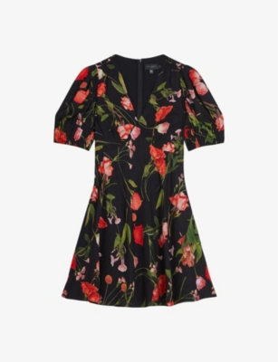 Ted Baker London Sienno Floral Puff Sleeve Satin Jacquard Minidress In Black