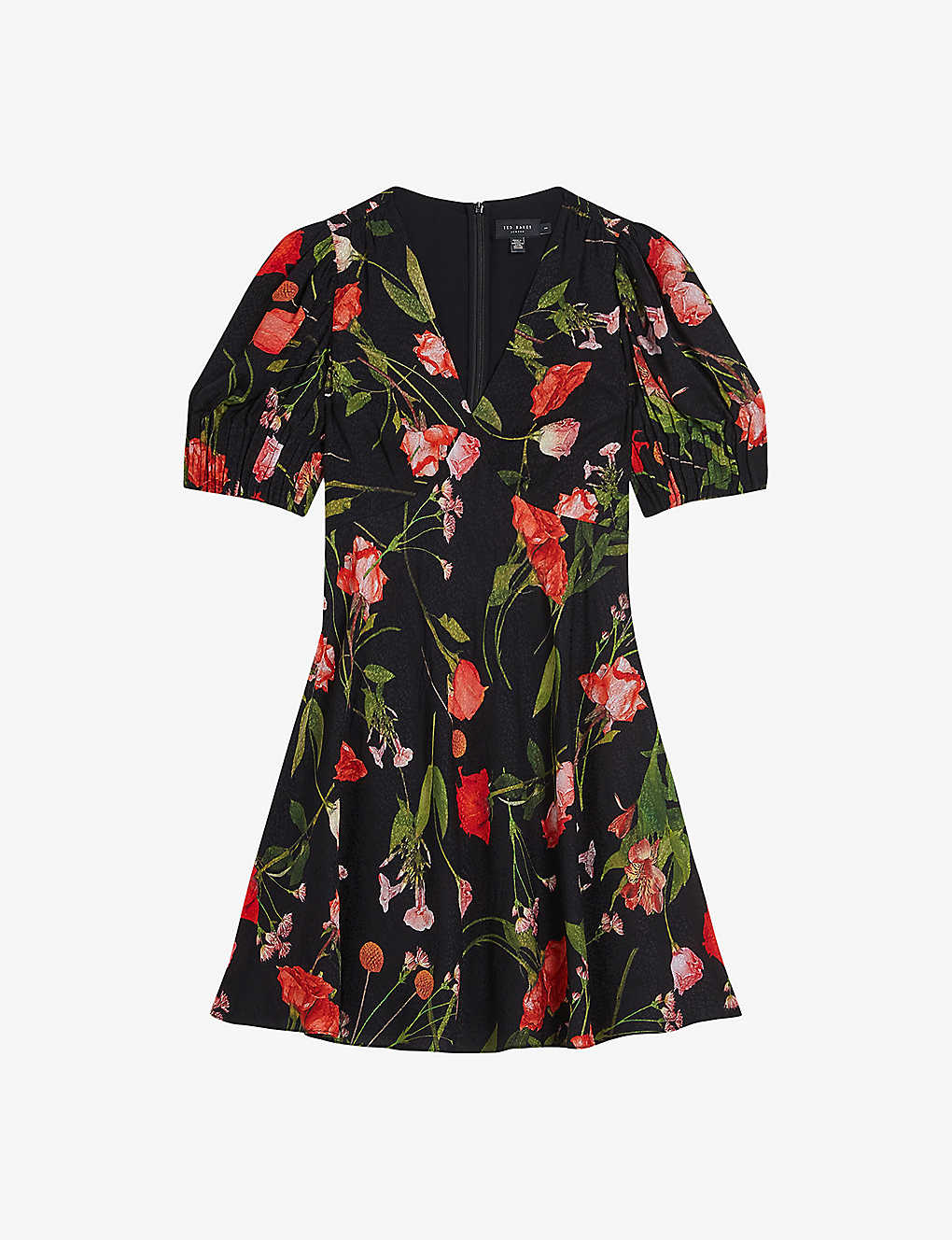 Shop Ted Baker Women's Black Sienno Puff-sleeve Floral-print Woven Mini Dress