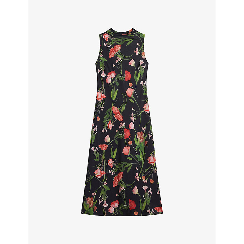 TED BAKER TED BAKER WOMENS BLACK CONNIHH COWL-NECK FLORAL-PRINT SATIN MIDI DRESS