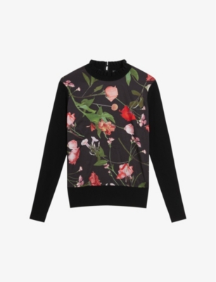 TED BAKER: Frasiee floral-panel long-sleeve knitted jumper