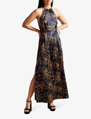 Shop Ted Baker Women's Vy Roxiell Floral-print Halter-neck Woven Maxi Dress In Navy