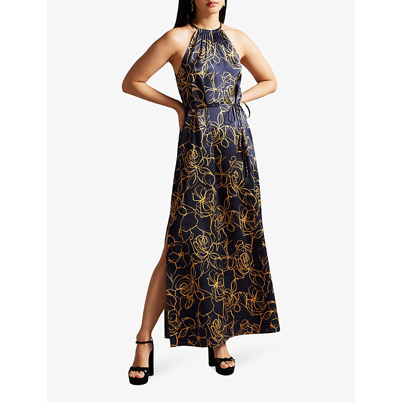 Shop Ted Baker Womens Navy Roxiell Floral-print Halter-neck Woven Maxi Dress