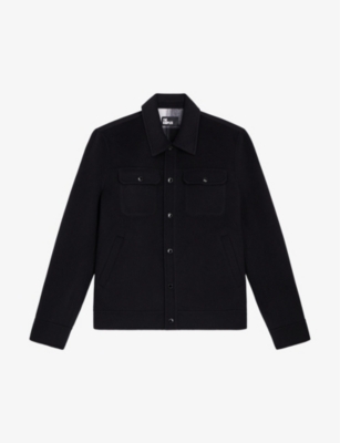 The Kooples Mens Black Classic-collar Double-sided Wool-blend Overshirt