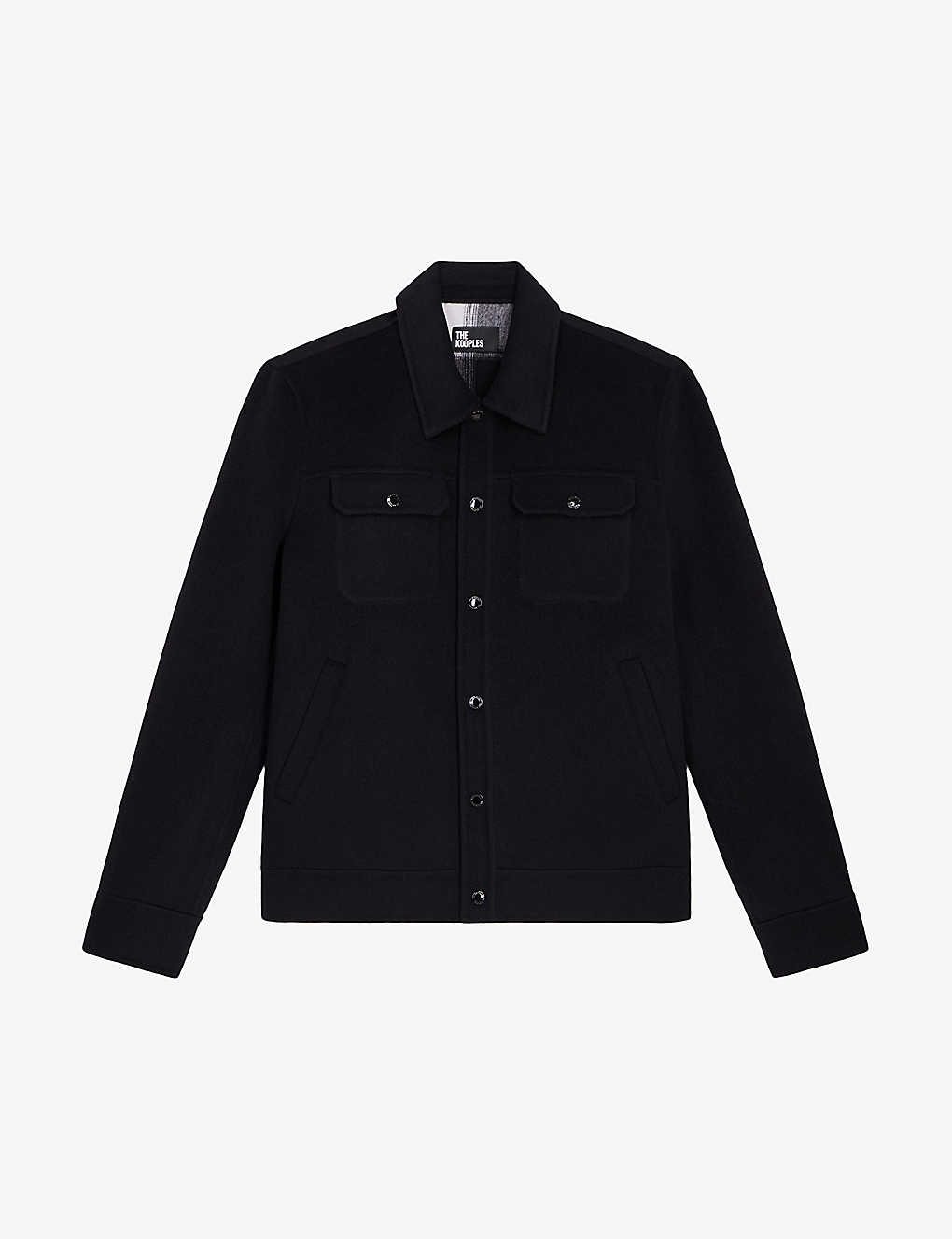 The Kooples Mens Black Classic-collar Double-sided Wool-blend Overshirt