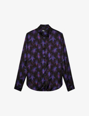 Shop The Kooples Floral-print Long-sleeve Woven In Black /light Pink / Blue