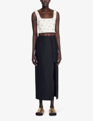 Shop Sandro Women's Noir / Gris Leyla Slit Woven Midi Skirt