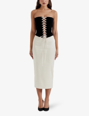 HOUSE OF CB OF CB WOMENS BLACK AND CREAM JAINA STRAPLESS CORSETED STRETCH-WOVEN MIDI DRESS 