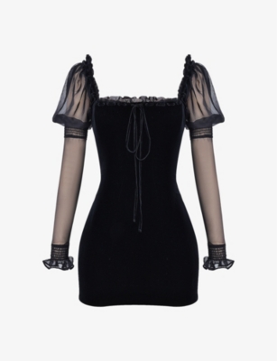 House Of Cb Womens Black Syana Square-neck Stretch-velvet Mini Dress