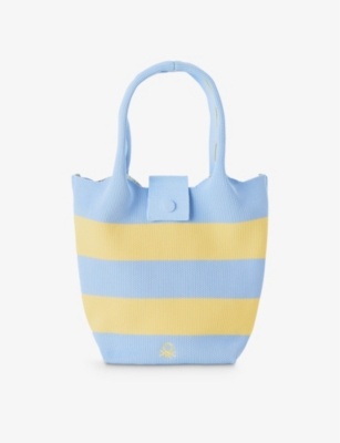 Shop Benetton Girls Blue And Yellow Kids Logo-embroidered Stripe Woven Handbag