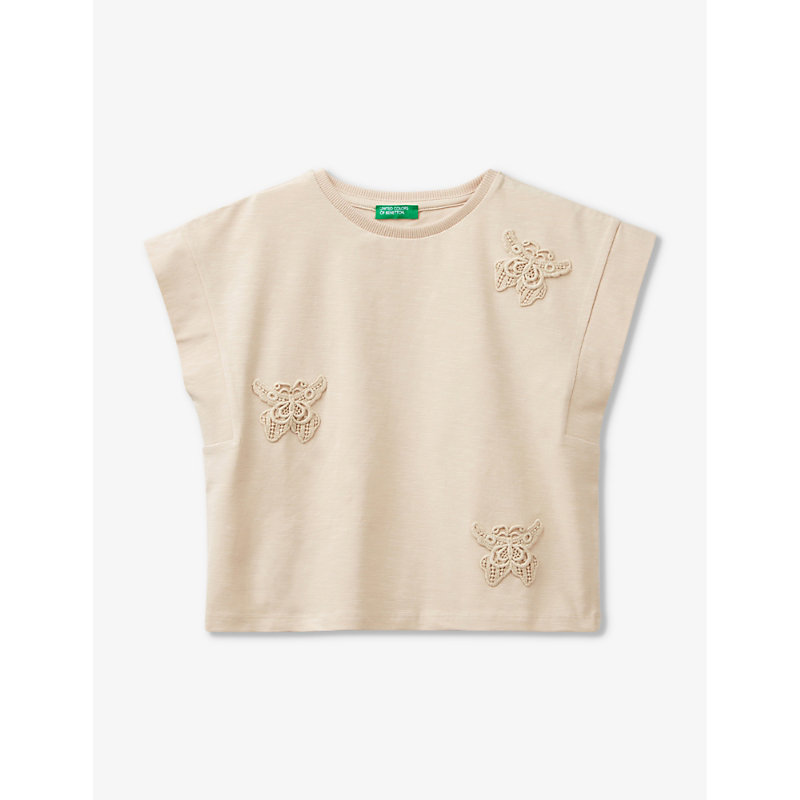 Benetton Girls Peach Kids Macramé-motif Stretch-cotton T-shirt 6-14 Years
