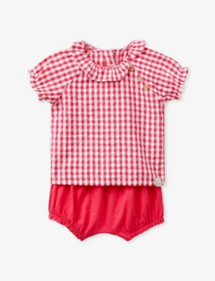 BENETTON: Gingham-print cotton blouse and shorts set 1-18 months