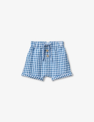 Benetton Boys Blue Check Kids Logo-embroidered Elasticated-waist Gingham Cotton Shorts 1-18 Months