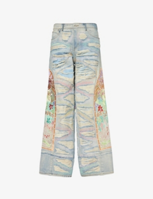 Shop Who Decides War By Ev Bravado Men'sembroidered Distressed Wide-leg Regular-fit Jeans In Multi