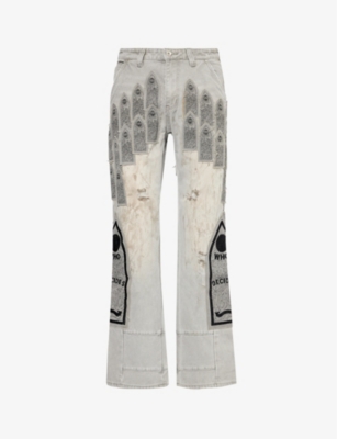 Shop Who Decides War By Ev Bravado Men's Vintage Grey Distressed Branded-patch Denim Trousers