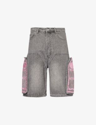 Shop Who Decides War By Ev Bravado Men's Vintage Grey Motif-embroidered Brand-patch Denim Shorts