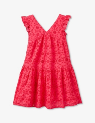 Benetton Girls Fuchsia Pink Kids Broderie-anglaise Frill-trim Cotton Mini Dress 6-14 Years