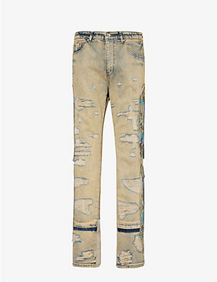 WHO DECIDES WAR BY EV BRAVADO: Unfurled brand-motif straight-leg regular-fit jeans