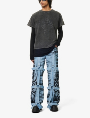 Shop Who Decides War By Ev Bravado Bondage-overlay Embroidered Wide-leg Jeans In Sky