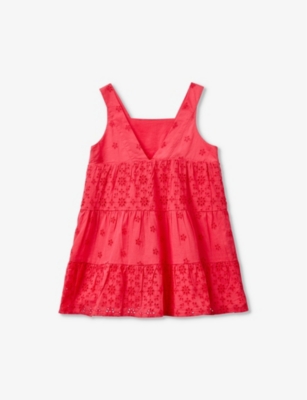 Shop Benetton Girls Fuchsia Pink Kids Flounce-sleeve Embroidered Cotton Mini Dress 18 Months-6 Years