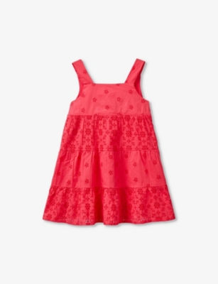 Benetton Girls Fuchsia Pink Kids Flounce-sleeve Embroidered Cotton Mini Dress 18 Months-6 Years