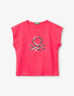 Benetton Girls Fuchsia Pink Kids Sequin-embroidered Short-sleeve Organic-cotton T-shirt 6-14 Years