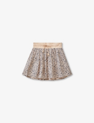 Benetton Girls Peach And Beige Kids Floral-print Tie-waist Cotton-blend Skirt 6-14 Years