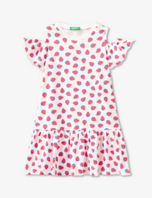 BENETTON: Floral-print frill-sleeve cotton mini dress 18 months-6 years