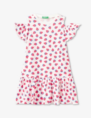 BENETTON: Floral-print frill-sleeve cotton mini dress 18 months-6 years